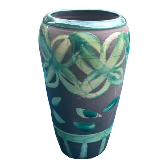 Raku Pottery Vase/Green Geometric Designs on Dark Gray background - Picture 1 of 9